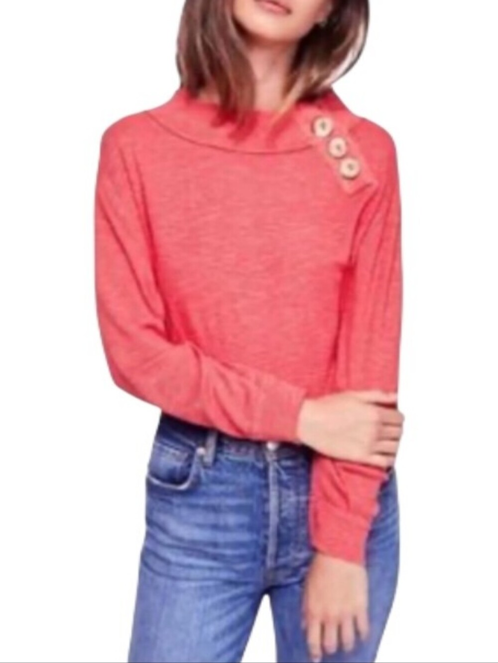 Free People Don't Forget About Me Button-Shoulder Coral Long-Sleeve Top